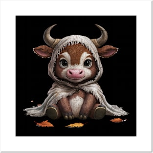 Halloween Fall Highland Cow Spooky Cute Baby Adorable Leaves Posters and Art